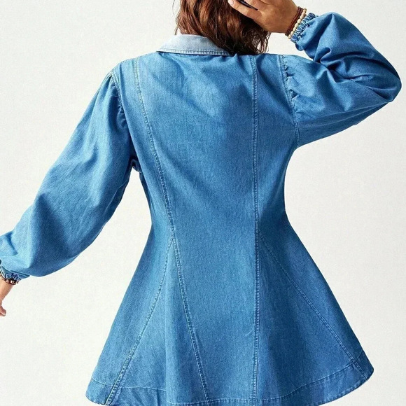 Dark Wash Casual Women's Loose Denim Long Sleeve Mini Dress - Picture 2 of 8
